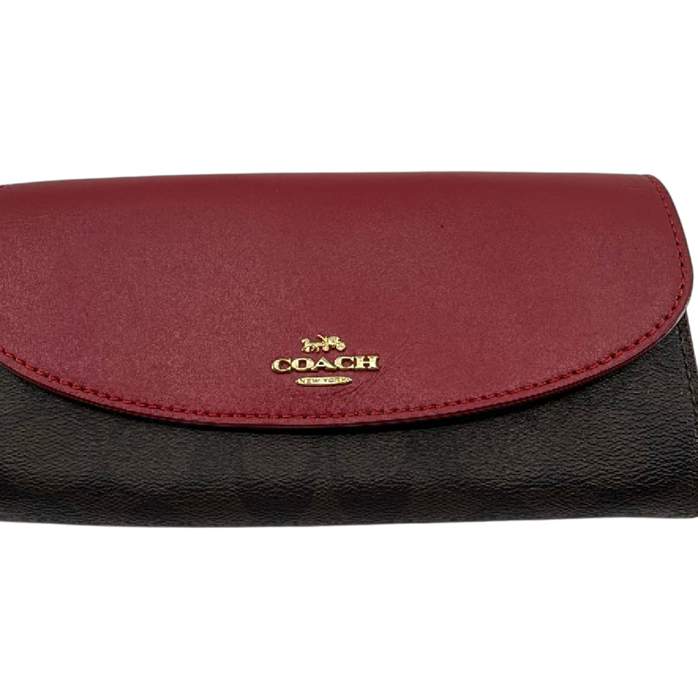 Coach Signature Flap Brown Burgundy Coated Canvas Leather Wa